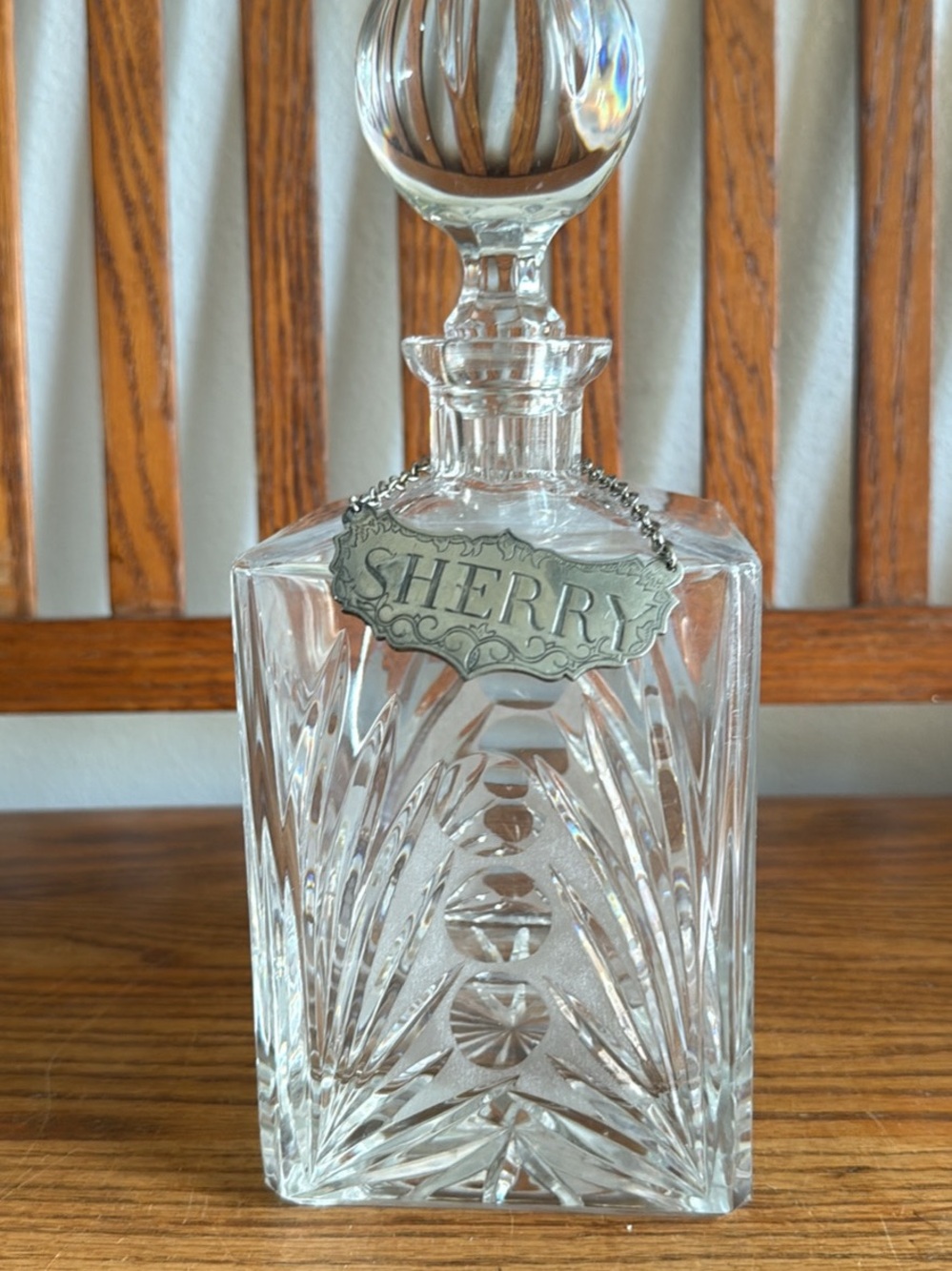 Clear Cut Crystal Sherry Decanter with Silver Tone Tag